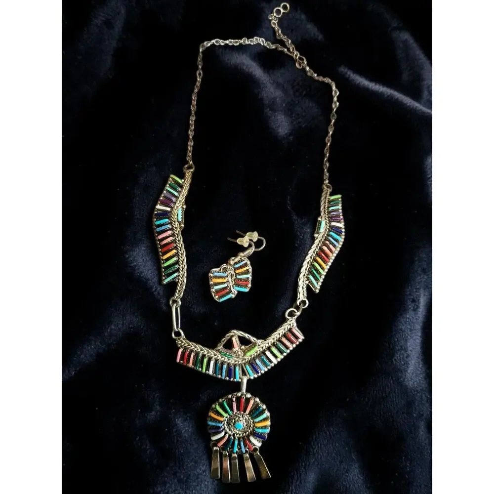 Zuni Sterling Multi-stone Rainbow Petit Point Necklace, Pendant & Earring Set